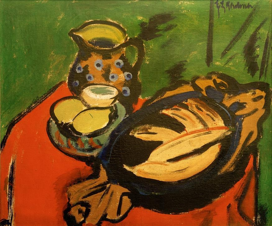 Ernst Ludwig Kirchner, Die Holzschale (Banane,Deutsche Kunst,Früchte,Kunst,Obst,Stillleben,Expressionismus,Schale (Gefäss),Die Brücke,Gefäss,Zitrone,Primitivismus,Krug,Signatur)