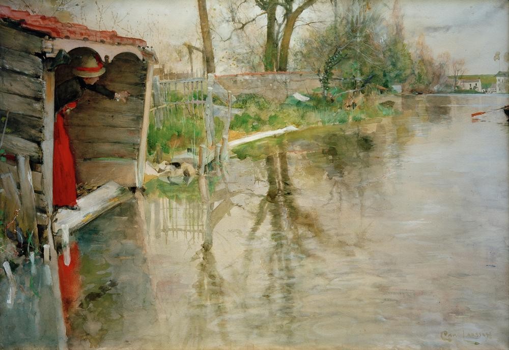 Carl Larsson, Grezsur-Loing (An der Loing) (Frau,Kunst,Landschaft,Fluss,Bootshaus,Schwedische Kunst,Rot)