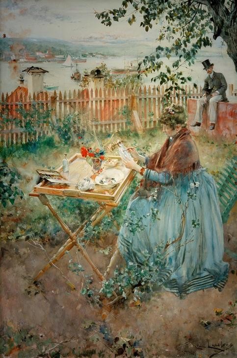 Carl Larsson, Die Porzellanmalerin (Keramik) (Freilichtmalerei,Frau,Jugendstil,Künstlerin,Künstler,Mann,Schwedische Kunst,Im Freien (Allgemein),Menschen Im Garten,Zuschauen,Frauenleben,Klapptisch,Künstlerin Bei Der Arbeit,Porzellanmalerin,Garten)