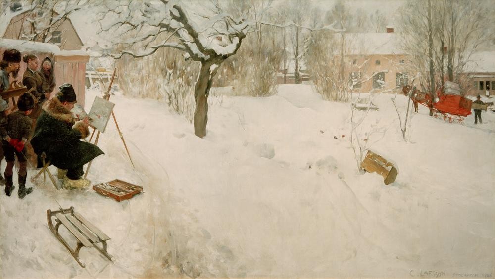 Carl Larsson, Der Freilichtmaler. Wintermotiv aus Åsögatan 145 (Freilichtmalerei,Jahreszeiten,Kind,Künstler,Kunst,Winter,Staffelei,Schnee,Künstler Bei Der Arbeit,Schlitten,Schwedische Kunst,Knabe,Menschen Im Garten,Frost,Zuschauen,Kälte,Garten)