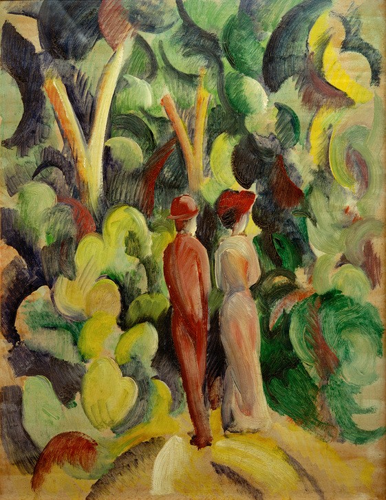 August Macke, Paar auf dem Waldweg (Malerei, Expressionismus, Wald, Spaziergang, Paar, Bäume, Unterhaltung, Gespräch, Freizeit, Wohnzimmer, Treppenhaus, Klassische Moderne, Wunschgröße, bunt)