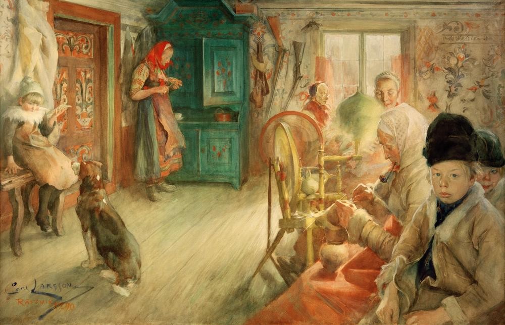 Carl Larsson, Das Winterhaus (Bauernhaus,Familie,Jahreszeiten,Kind,Mädchen,Spinnen,Tracht,Volkskunde,Winter,Hund,Bäuerin,Spinnrad,Schwedische Kunst,Haustier,Knabe,Familienleben,Landleben,Frauenleben,Landbevölkerung,Tradition,Tochter Von Berühmten,Land Und Leute,Bauernstube)