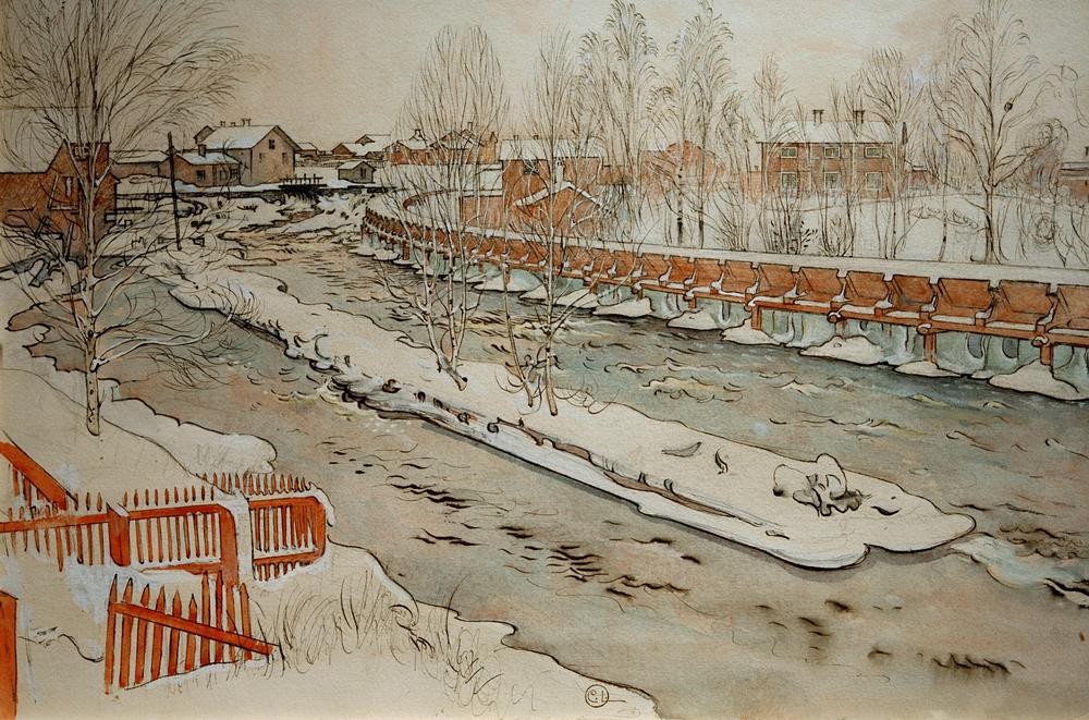 Carl Larsson, Die Holzrinne. Winterbild (Bauernhof,Dorf,Jugendstil,Landschaft,Winter,Schnee,Fluss,Schwedische Kunst)