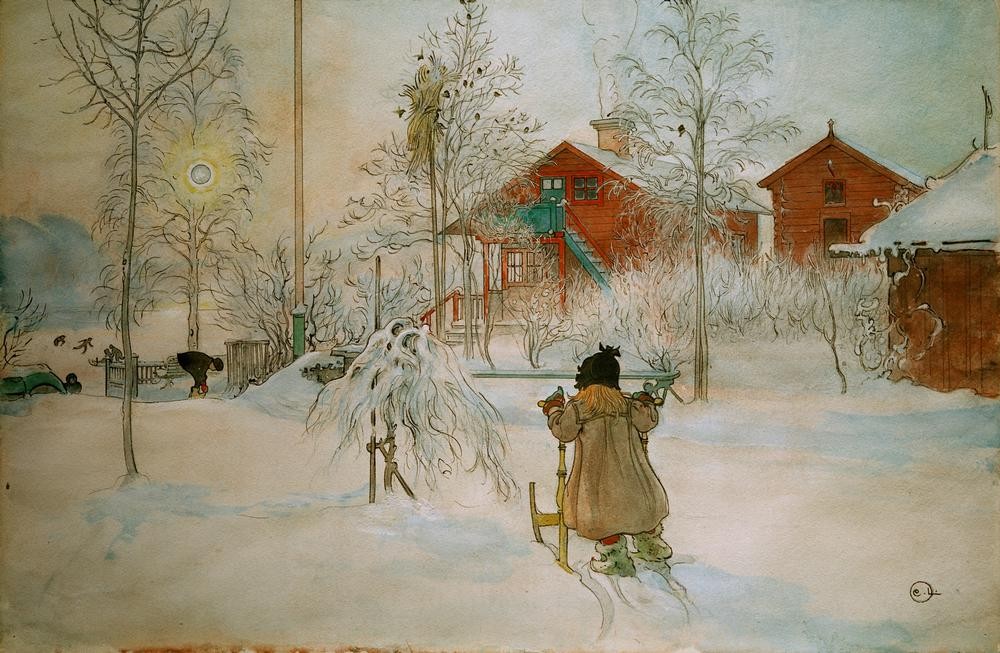 Carl Larsson, Front Yard and the Wash House. (Eislauf,Jahreszeiten,Jugendstil,Kinderspiel,Landschaft,Winter,Wintersport,Hof,Schnee,Schlitten,Tochter,Schwedische Kunst,Im Freien (Allgemein),Waschhaus,Kinderleben,Schieben)