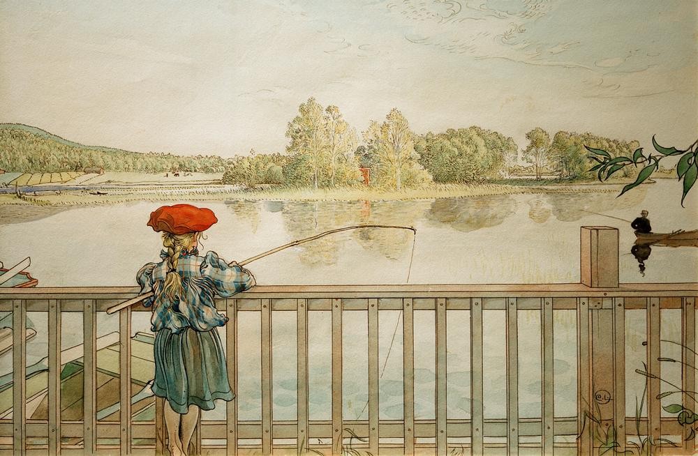 Carl Larsson, Lisbeth angelt (Angeln (Sport),Kindermode,Kind,Mädchen,See,Zopf,Tochter,Angel,Bluse,Rückenfigur,Schwedische Kunst,Barett,Kinderleben,Kariert)