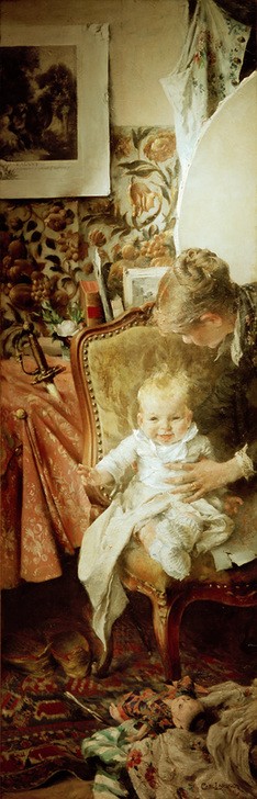 Carl Larsson, Die kleine Suzanne (Baby,Illustrator,Kind,Mädchen,Maler (Künstler),Mutter Und Kind,Puppe (Gegenstand),Spielzeug,Portrait,Tochter,Mutter Und Tochter,Künstlerfrau,Interieur,Schwedische Kunst,Künstlerfamilie,Sessel,Mutter Und Säugling,Sitzen)