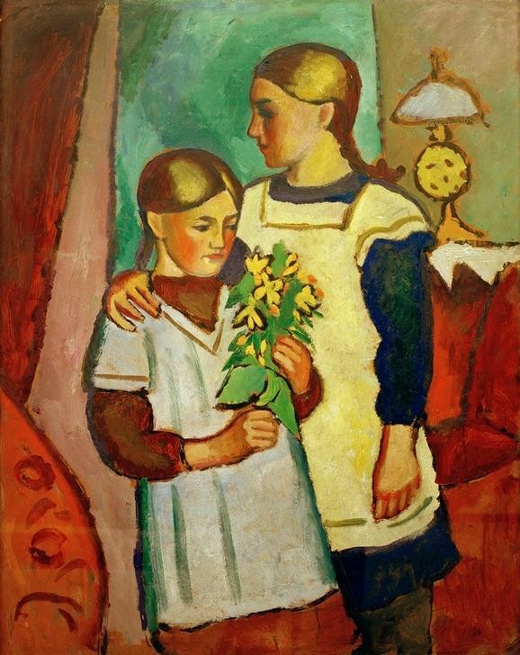 August Macke, Zwei Schwestern (Schwestern, Mädchen, Umarmung, Blumen, Interieur, Malerei, Expressionismus, Wohnzimmer, Treppenhaus,  Klassische Moderne,Wunschgröße,  bunt)