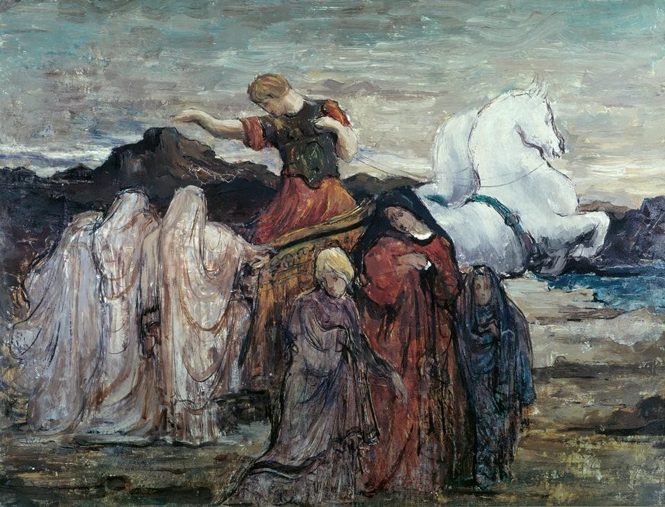 Gustave Moreau, Phaëton und drei Frauen. Mythologische Szene) (Frauen, Mythologie, Sonnenwagen, Pferde, Symbolismus, Wohnzimmer, Klassiker,  Wunschgröße)