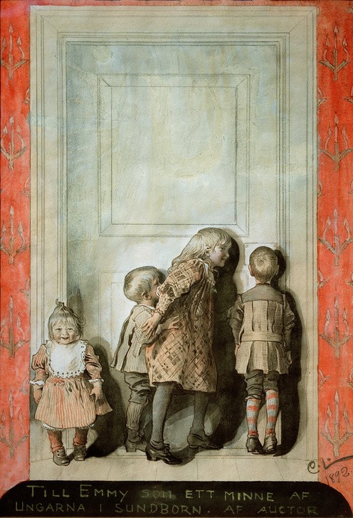 Carl Larsson, Der Tag vor Weihnachten (Bescherung,Geschwister,Jugendstil,Kind,Mädchen,Schwedische Kunst,Lauschen,Schlüsselloch,Knabe,Familienleben,Kinderleben,Heiligabend,Spähen,Vorfreude,Spannung)