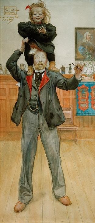 Carl Larsson, Brita und ich (Illustrator,Jugendstil,Kind,Künstler,Mädchen,Maler (Künstler),Selbstbildnis,Kleinkind,Tochter,Vater Und Tochter,Schwedische Kunst,Doppelportrait,Ganzfigurig,Auf Den Schultern Tragen,Person,Fröhlichkeit)