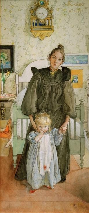 Carl Larsson, Karin und Kersti (Bett,Familie,Frau,Jugendstil,Kind,Mädchen,Mensch,Mutter Und Kind,Schlafzimmer,Uhr,Wohnung,Kleinkind,Tochter,Mutter Und Tochter,Nachthemd,Künstlerfrau,Interieur,Schwedische Kunst,Wanduhr,Daumenlutschen,Junge Frau,Doppelportrait)