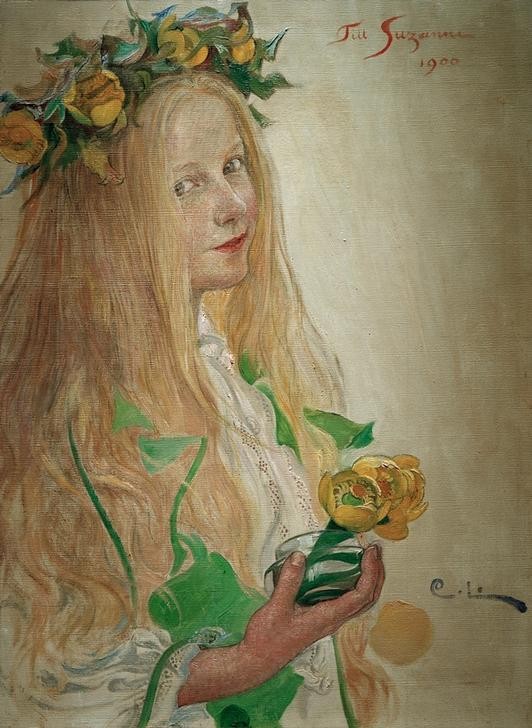 Carl Larsson, Suzanne (Jugendstil,Kind,Mädchen,Mensch,Blumenkranz,Portrait,Tochter,Schwedische Kunst,Langes Haar,Verkleidung)