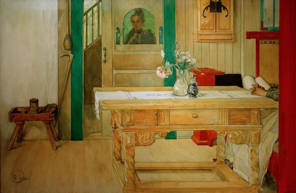 Carl Larsson, Sonntagsschlaf (Architektur,Frau,Sonntag,Tisch,Blumenstrauss,Interieur,Vase,Schwedische Kunst,Frauenleben,Jahrhundertwende,Schlafen (Schlaf),Im Sitzen Schlafen,Nickerchen)