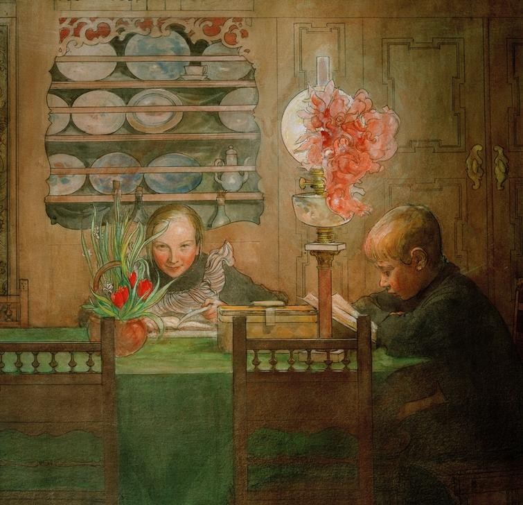 Carl Larsson, Schularbeiten (Geschwister,Hausaufgaben,Jugendstil,Licht Und Beleuchtung,Mädchen,Pädagogik,Petroleumlampe,Tisch,Lampe,Tochter,Schüler,Interieur,Künstlerhaus (Wohnhaus),Genre,Schwedische Kunst,Knabe,Familienleben,Sohn,Kinderleben,Schulkind,Schülerin,Licht Und Schatten,Ja)