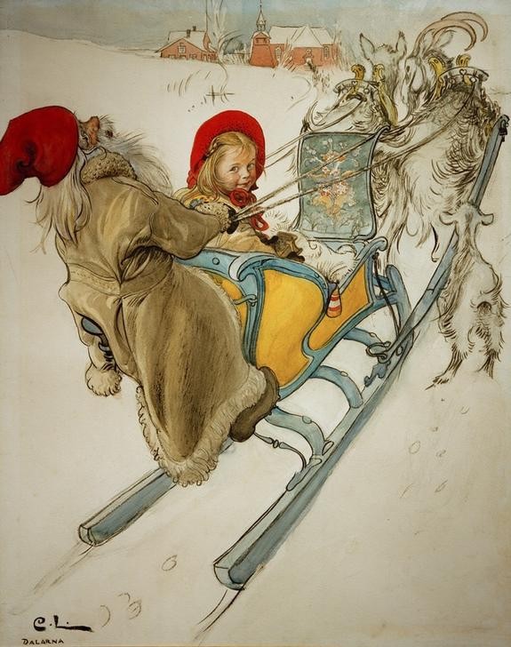 Carl Larsson, Kerstis Schlittenfahrt (Feste,Jahreszeiten,Kind,Mädchen,Schlittenfahren,Volkskunde,Weihnachtsmann,Weihnachten (Kalenderfeste),Winter,Schnee,Schlitten,Tochter,Phantastische Kunst,Schwedische Kunst,Kinderleben,Jahrhundertwende,Blick Über Die Schulter,Ziegenbock,Fröhlichkeit)