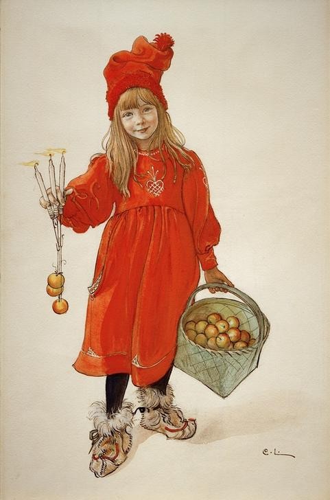 Carl Larsson, Brita als Idun (Apfel,Jugendstil,Kind,Mädchen,Mensch,Mythologie,Nordisch,Obst,Volkskunde,Kostüm (Verkleidung),Portrait,Kerze (Licht),Schwedische Kunst,Korb,Kleid,Göttin,Jahrhundertwende,Rot,Ganzfigurig,Mütze,Verkleidung)