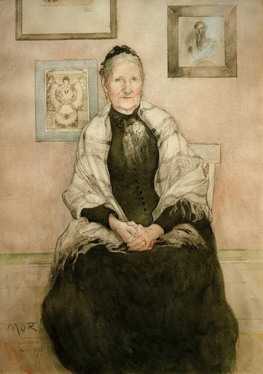 Carl Larsson, Mutter (Illustrator,Frau,Jugendstil,Maler (Künstler),Portrait,Mutter,Haube,Schwedische Kunst,Jahrhundertwende,Alte Frau,Umschlagtuch,Person)