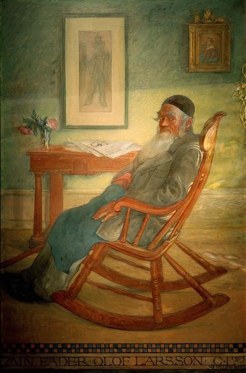 Carl Larsson, Der Vater des Künstlers (Brille,Illustrator,Familie,Jugendstil,Maler (Künstler),Mann,Optik,Vater,Alter,Bart,Tisch,Bild Im Bild,Portrait,Zeitung,Greis,Interieur,Vase,Schaukelstuhl,Schwedische Kunst,Vollbart,Lebensabend,Alter Mann,Jahrhundertwende,Person)