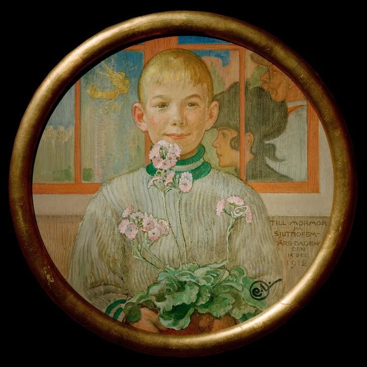 Carl Larsson, Gratulation der Großmutter (Illustrator,Geburtstag,Jugendstil,Kind,Maler (Künstler),Bild Im Bild,Portrait,Tondo,Geschenk,Gratulation,Schwedische Kunst,Knabe,Sohn,Privatsammlung,Halbfigur,Blumentopf,Person)