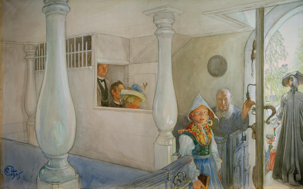 Carl Larsson, In Sundborns Kirche (Christentum,Dorfkirche,Jugendstil,Kirche,Religion,Tracht,Volkskunde,Gottesdienst,Wochentage,Sonntag,Predigt,Schwedische Kunst,Landleben,Landbevölkerung,Messe (Gottesdienst))