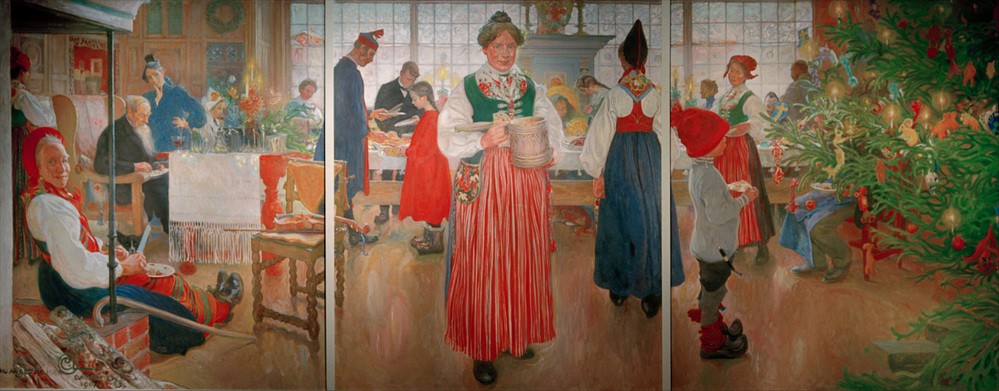 Carl Larsson, Nun ist es wieder Weihnachten (Familie,Feste,Jugendstil,Szenen Zu Hause,Tafelsitten,Tracht,Volkskunde,Weihnachtsbaum,Weihnachten (Kalenderfeste),Schwedische Kunst,Grossfamilie,Familienleben,Kinderreiche Familie,Künstlerfamilie,Tradition,Gedeckter Tisch,Land Und Leute)