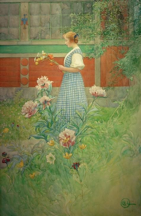 Carl Larsson, Lisbeth mit Pfingstrosen (Damenmode,Garten Und Park,Jugendstil,Mädchen,Menschen Im Park,Mode,Hausgarten,Tochter,Künstlerhaus (Wohnhaus),Schwedische Kunst,Kleid,Teenager,Ziergarten,Blumenpflücken,Menschen Im Garten,Jugendliche,Blume,Pfingstrose,Junge Frau,Kariert,Garten)