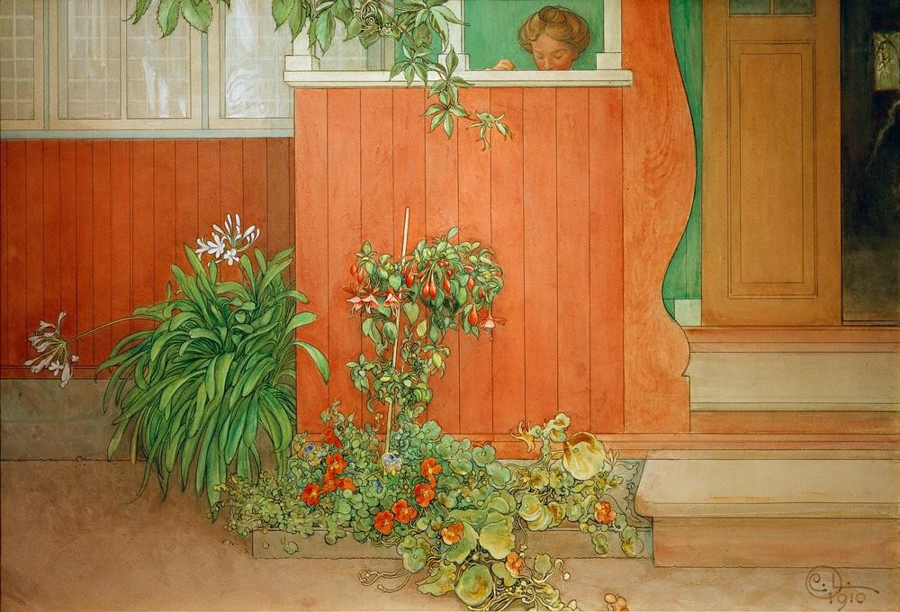 Carl Larsson, Suzanne auf der Veranda (Illustrator,Familie,Haus,Jahreszeiten,Jugendstil,Maler (Künstler),Sommer,Wohnhaus (Allgemein),Hausgarten,Tochter,Künstlerhaus (Wohnhaus),Architekturdarstellung,Schwedische Kunst,Veranda,Kresse,Blume,Blumenbeet,Garten)