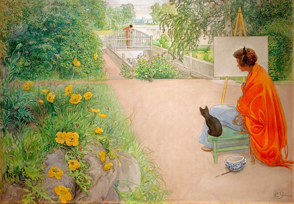 Carl Larsson, Die Brücke (Brücke,Freilichtmalerei,Frau,Jugendstil,Katze (Tier),Künstlerin,Künstler,Malerin,Modell,Staffelei,Tochter,Künstlerhaus (Wohnhaus),Schultertuch,Schwedische Kunst,Haustier,Ziergarten,Menschen Im Garten,Frau Und Tier,Frauenleben,Junge Frau,Künstlerin Bei Der)