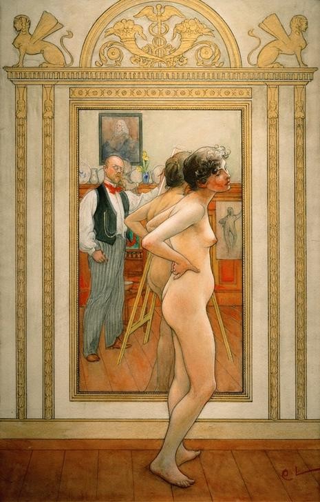 Carl Larsson, Vor dem Spiegel (Atelier,Frau,Künstler Und Modell,Künstlerleben,Künstler,Maler (Künstler),Modell,Spiegel,Staffelei,Selbstbildnis,Künstler Bei Der Arbeit,Akt,Schwedische Kunst,Spiegelbild,Junge Frau)