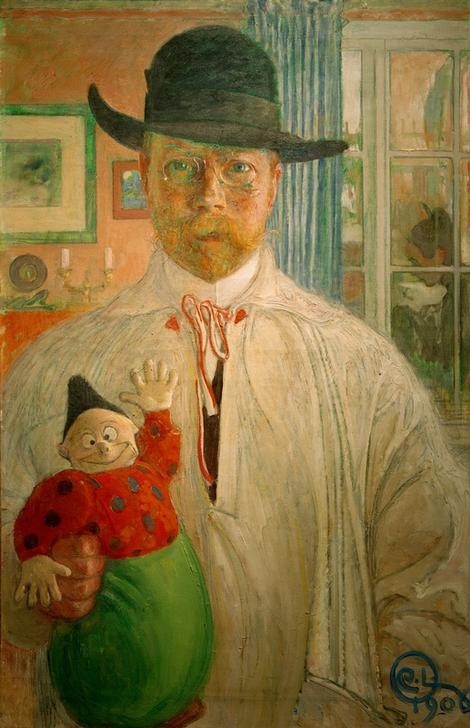 Carl Larsson, Selbstuntersuchung (Selbstprüfung) (Illustrator,Herrenhut,Jugendstil,Künstler,Kunst,Maler (Künstler),Mann,Optik,Puppe (Gegenstand),Bart,Hut,Selbstbildnis,Portrait,Kittel,Schwedische Kunst,Halbfigur,Person,Zwicker,Arbeitskleidung)