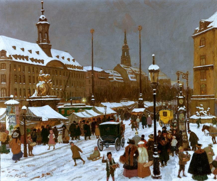 Otto Fritzsche, Striezelmarkt auf dem Neustädter Markt (Architektur,Deutsche Kunst,Feste,Geographie,Handel,Jahreszeiten,Kutsche,Laterne,Licht Und Beleuchtung,Litfassäule,Markt,Mode,Pferd (Tier),Stadt,Strassenlaterne,Strassenszene,Szene,Uhr,Verkehr,Weihnachtseinkäufe,Weihnachten (Kalenderfeste),Weihnachtsmarkt,)