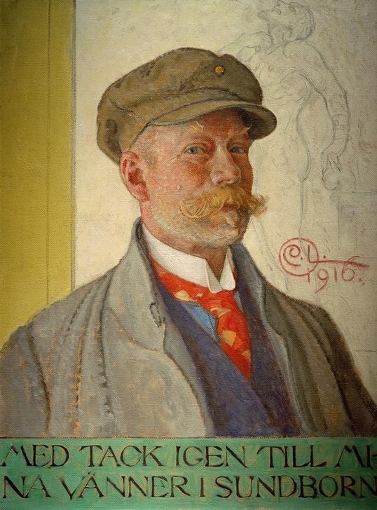 Carl Larsson, Selbstbildnis mit König Domalde (Illustrator,Jugendstil,Kopfbedeckung,Künstler,Maler (Künstler),Mann,Alter,Bart,Selbstbildnis,Schnurrbart,Bild Im Bild,Portrait,Schwedische Kunst,Schirmmütze,Kappe (Kopfbedeckung),Brustbild,Person,Kragen (Hochgeschlagen))