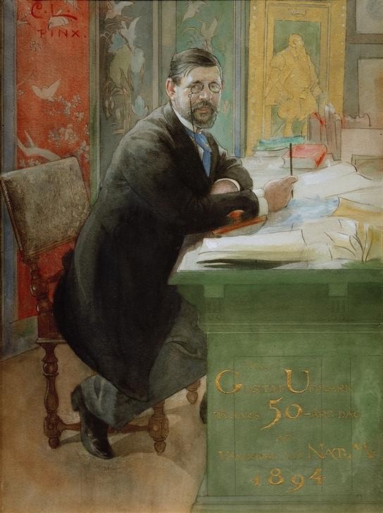 Carl Larsson, Gustav Upmark (Arbeitszimmer,Jugendstil,Kunsthistoriker,Mann,Museumsleiter,Optik,Schreibtisch,Bart,Wissenschaftler,Portrait,Schwedische Kunst,Direktor,Ganzfigurig,Person,Zwicker)