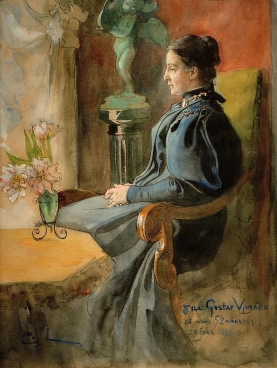 Carl Larsson, Eva Upmark (Ehefrau,Frau,Jugendstil,Vase,Schwedische Kunst,Sessel,Profil,Blume,Sitzen,Kniestück,Skulptur Im Bild,Person)