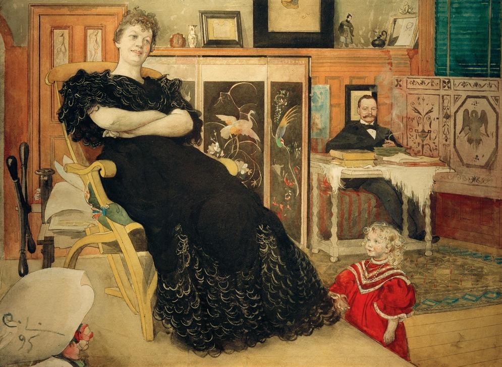 Carl Larsson, Die Sängerin Anna Pettersson-Norrie (Eltern Mit Kind,Familie,Frau,Gruppenbild,Jugendstil,Kind,Literatur,Mädchen,Mann,Musik,Oper,Opernsängerin,Sängerin,Schriftsteller,Kleinkind,Portrait,Tochter,Mutter Und Tochter,Interieur,Paravent,Druckerpresse,Schwedische Kunst,Bewunderung,Ehemann,Sitzen,Se)