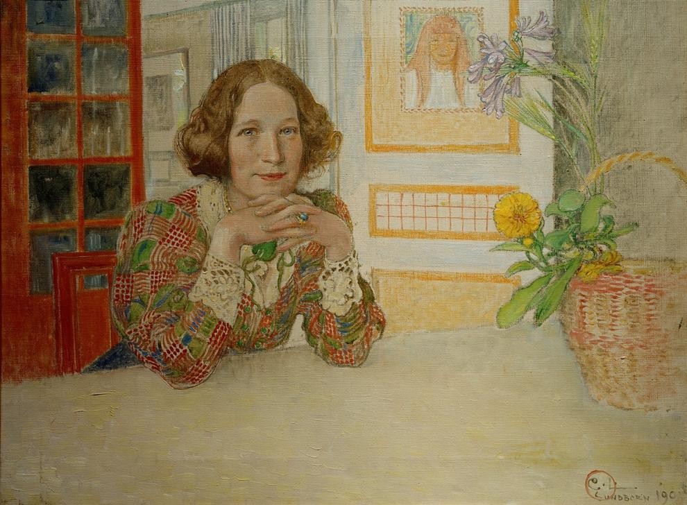 Carl Larsson, Annastina Alkman (Frau,Jugendstil,Mensch,Tisch,Portrait,Interieur,Schwedische Kunst,Korb,Blumenkorb,Blume,Händefalten,Jahrhundertwende,Kopf Stützen,Halbfigur,Heiterkeit,Fröhlichkeit)