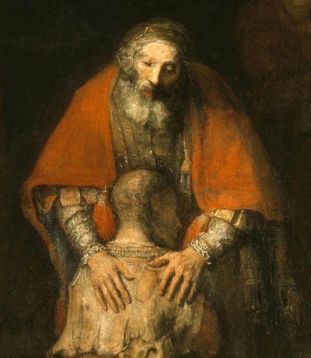Rembrandt Harmenszoon van Rijn, Die Heimkehr des verlorenen Sohnes (Christentum,Liebe,Mann,Religion,Vater,Vater Und Sohn,Barock,Begrüssung,Erschöpfung,Neues Testament,Bibel,Portrait,Umarmung,Gleichnis,Rückenfigur,Helldunkel,Heimkehr,Niederländische Kunst,Der Verlorene Sohn,Versöhnung,Güte,Holländische Kunst,Jugend Und Alt)