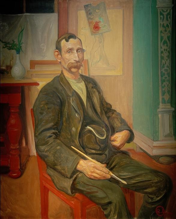 Carl Larsson, Der Maler Carl Oscar Persson (Künstler,Maler (Künstler),Mann,Mensch,Schnurrbart,Portrait,Palette,Interieur,Schwedische Kunst,Pinsel,Sitzen,Kniestück)