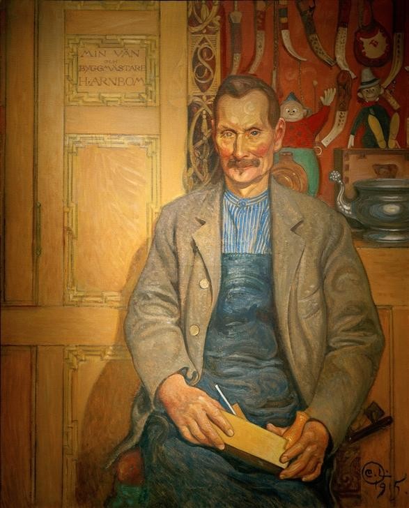 Carl Larsson, Der Schreiner Hans Arnbom (Jugendstil,Mann,Mensch,Werkstatt (Allgemein),Schnurrbart,Werkzeug,Portrait,Kittel,Schwedische Kunst,Tischler,Hobel,Kniestück,Handwerker,Handwerk,Arbeitskleidung)