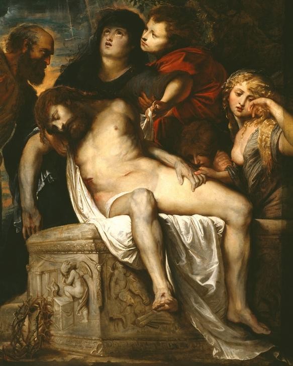 Peter Paul Rubens, Grablegung Christi (Christentum,Flämische Kunst,Grab,Religion,Barock,Busen,Neues Testament,Bibel,Totenklage,Weinen,Christi Beweinung,Grablegung Christi,Niederländische Kunst,Passion Christi,Dornenkrone,Handhalten,Ausschnitt)