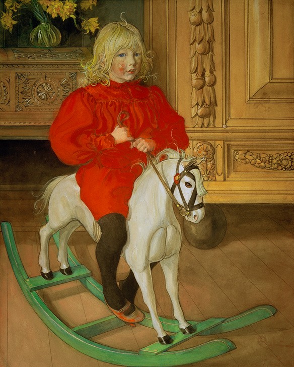 Carl Larsson, Murre. Porträt Casimir Laurin (Jugendstil,Kindermode,Kind,Kunst,Mensch,Mode,Möbel,Schaukelpferd,Schrank,Spielzeug,Portrait,Anzug,Truhe,Blumenstrauss,Interieur,Vase,Schwedische Kunst,Knabe,Narzisse,Blonde Haare,Langes Haar,Puffärmel,Jahrhundertwende,Rot,Ganzfigurig,Pumphose)