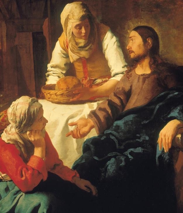 Jan Vermeer, Christus bei Maria und Martha (Brot,Christentum,Religion,Barock,Neues Testament,Bibel,Niederländische Kunst,Maria Und Martha,Leben Jesu,Brotkorb,Protestantismus,Folgen Der Reformation,Ausschnitt,Unterhaltung (Gespräch))