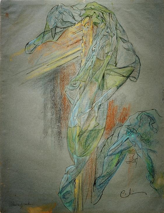Carl Larsson, Rahmen und Drapierung zu Bouchers ‘Triumph der Venus' (Textil,Treppenhaus,Bilderrahmen,Schwedische Kunst,Entwurf,Faltenwurf,Tuch)