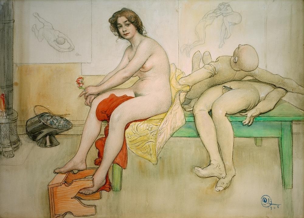 Carl Larsson, Auf dem Modelltisch (Atelier,Frau,Jugendstil,Kohle,Modell,Pause,Puppe (Gegenstand),Akt,Bild Im Bild,Ofen (Heizung),Schwedische Kunst,Sitzen,Junge Frau,Ganzfigurig,Kohleofen,Hocker (Sitzmöbel))