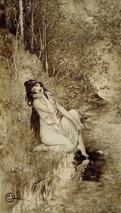 Carl Larsson, Singoalla am Bach (Bad Im Freien,Frau,Jugendstil,Literatur,Roman,Schwedische Kunst,Bach,Frauenleben,Epos,Buchillustration)