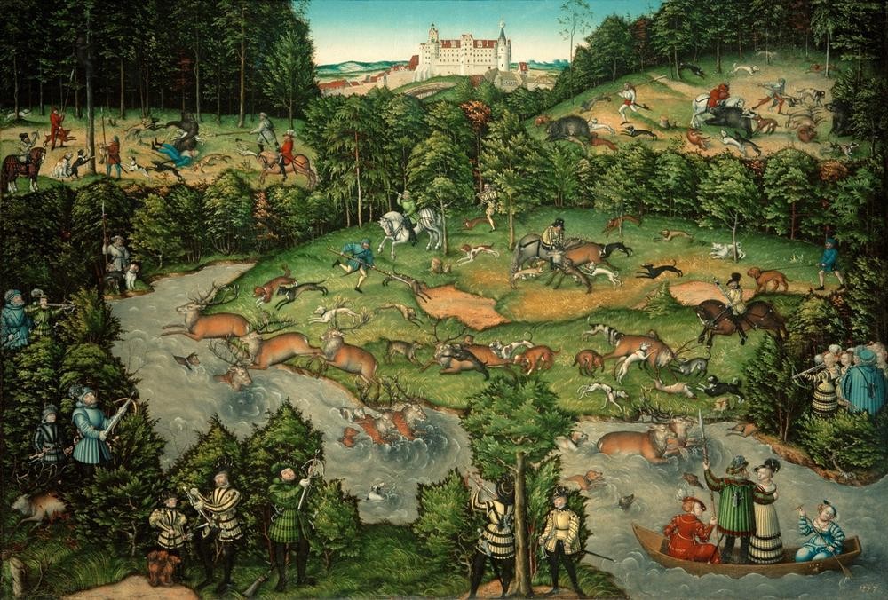 Lucas Cranach der Ältere, Jagd bei Schloss Hartenfels (Deutsche Kunst,Gesellschaftliches Leben,Gesellschaft,Geschichte,Hirsch,Jäger,Jagd,Kurfürst,Kunst,Landschaft,Freizeit,Schloss,Reiter,Renaissance,Hund,Fluss,Höfische Gesellschaft,Hirschjagd,Jagdhund,Treibjagd,Rotwild,Tier,Person)