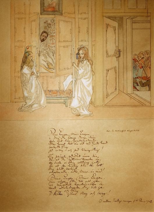 Carl Larsson, Morgenwecken für Prinz Eugen (Besuch,Gesang,Geschichte,Handschrift,Jugendstil,Musik,Ständchen,Volkskunde,Tageszeiten,Morgen,Tochter,Künstlerhaus (Wohnhaus),Schwedische Kunst,Poesie,Gedicht,Lied,Wecken (Aufwecken),Jahrhundertwende,Person,Schrankbett,Prinz,Verkleidung)