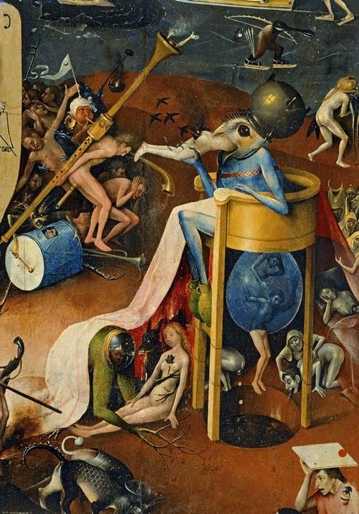 Hieronymus Bosch, Die Hölle (Defäkation,Kunst,Religion,Teufel Und Hölle,Fabelwesen,Teufel,Hölle,Ungeheuer,Phantastische Kunst,Niederländische Kunst,Erbrechen,Vogelmensch,Jenseitsvorstellungen,Seitenflügel (Altar),Unterwelt,Verdauung,Nachtstuhl,Ausschnitt)