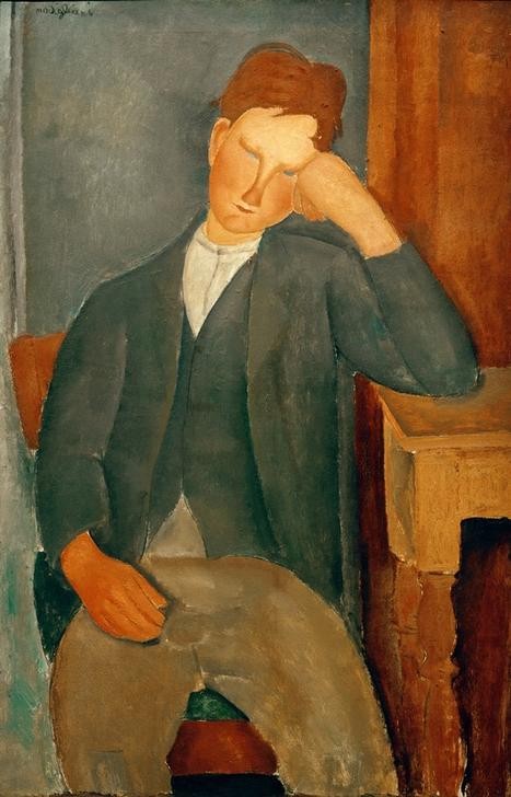 Amedeo Modigliani, Der Lehrling (Arbeit,Mann,Mensch,Lehrling,Erschöpfung,Portrait,Italienische Kunst,Ecole De Paris,Kopf Stützen,Kniestück,Junger Mann)