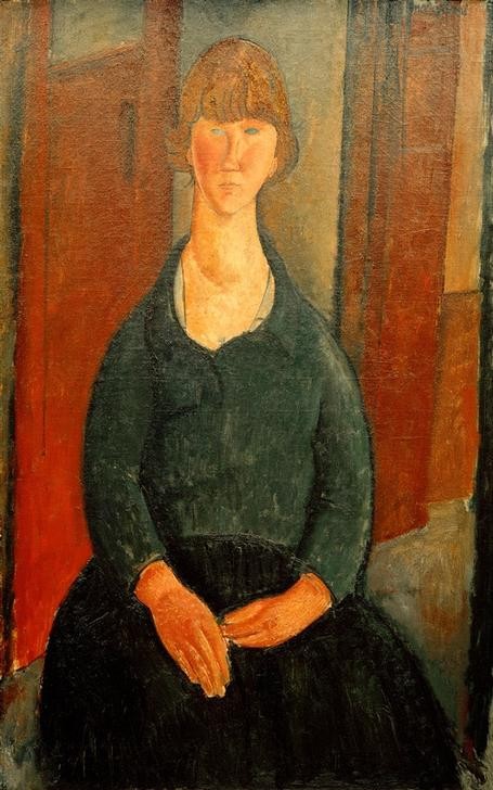 Amedeo Modigliani, Das Blumenmädchen (Fettleibigkeit,Frau,Mensch,Portrait,Italienische Kunst,Blumenverkäuferin,Junge Frau,Ecole De Paris,Kniestück)